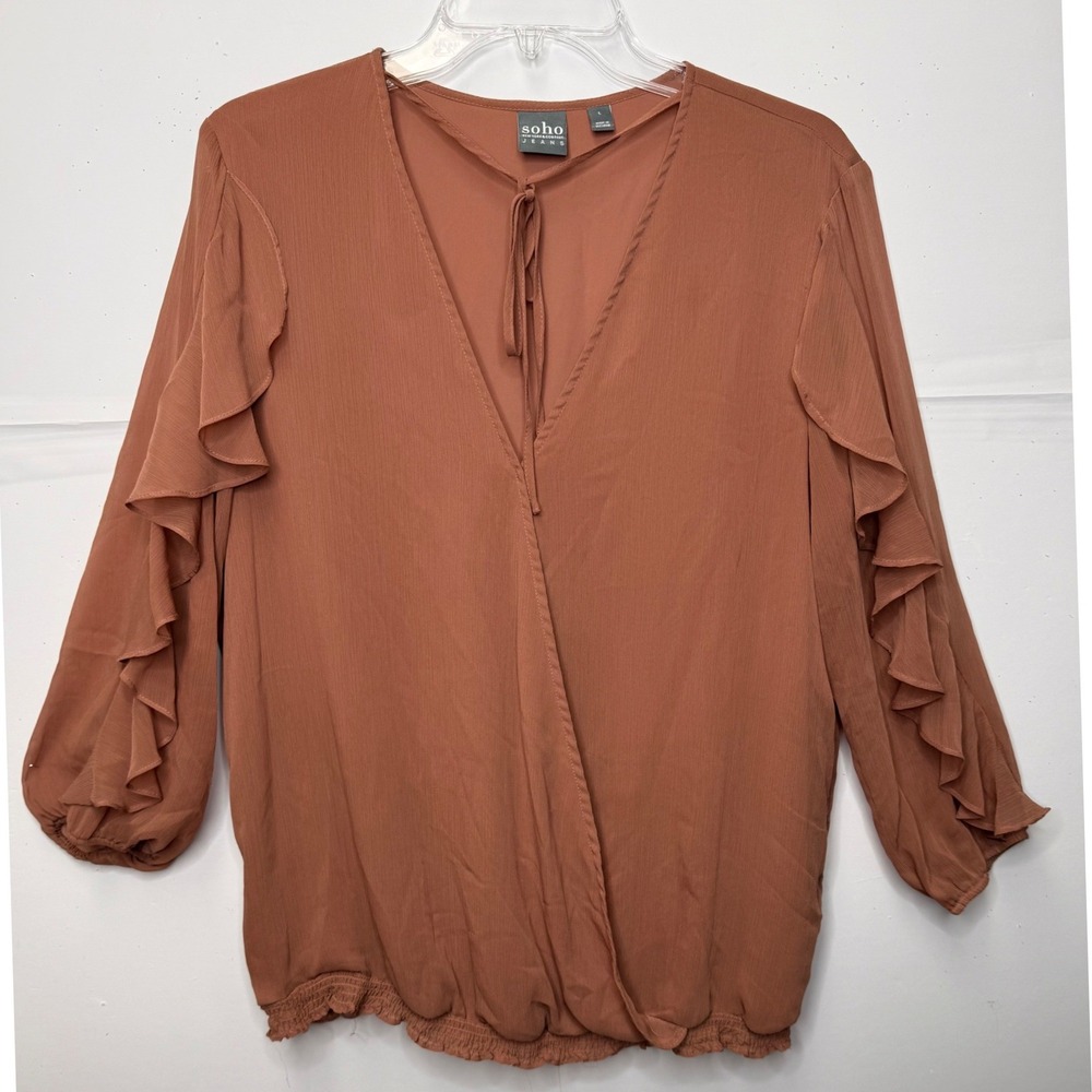 Soho NY & Co Blouse Sz L Rust Ruffle Sleeves Wrap Boho Chic Fall Business Casual - Picture 2 of 7